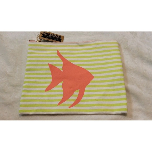 Handbags - NEW GREEN STRIPED WITH FISH DESIGN COSMETIC BAG
